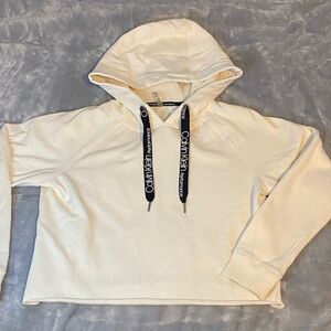Calvin Klein Off-White Cropped Top Hoodie with Logo Drawstrings
